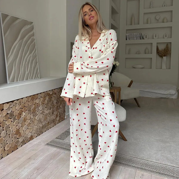 Ensemble de pyjama en coton à imprimé cœur – Vêtements de nuit à revers boutonnés