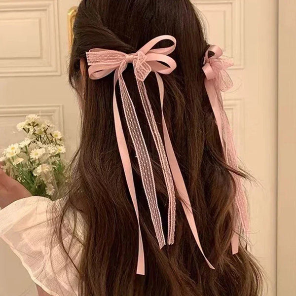 2pcs Lace Bow Hair Clip with Long Ribbon