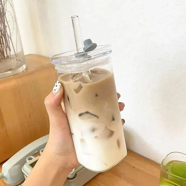 Taza de café cuadrada de vidrio resistente al calor con tapa y pajita