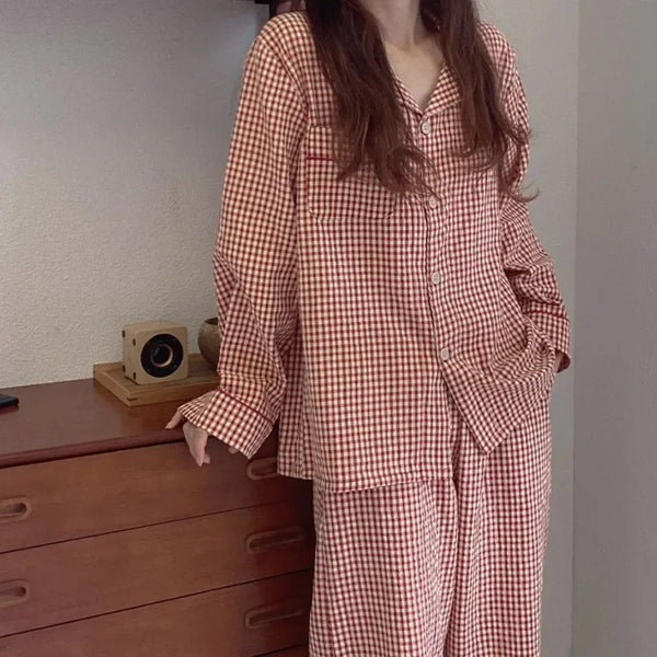 Conjunto de pijama de manga larga a cuadros: ropa de dormir informal para mujer para el hogar y la primavera