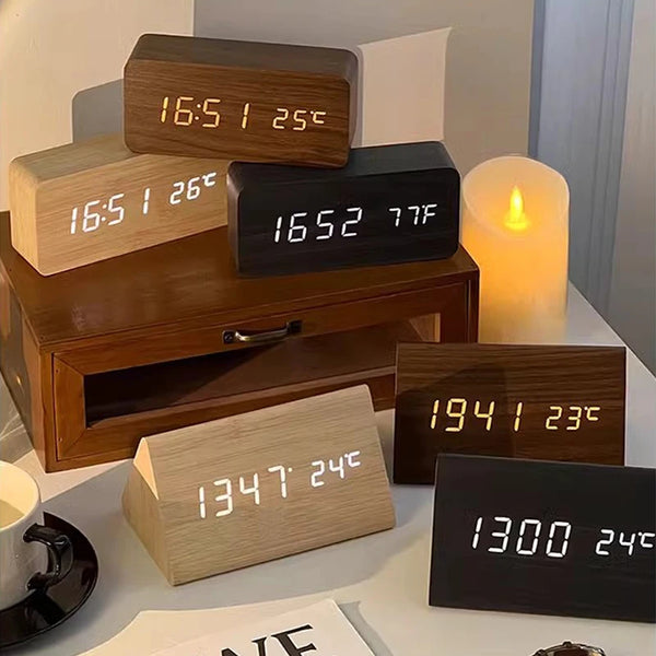 Modern LED Wooden Alarm Clock with Temperature Display