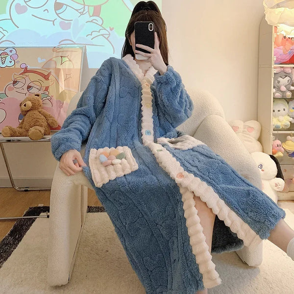 Autumn Winter Women's V-neck Long Plush Sleep Dress Coral Fleece Nightgown Sleepshirt Homewear Warm