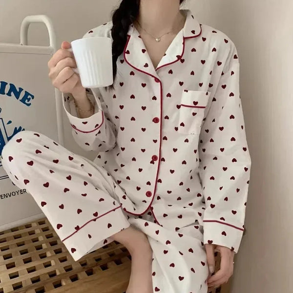 Sweet White Base Heart Lapel Pocket Pajama Set